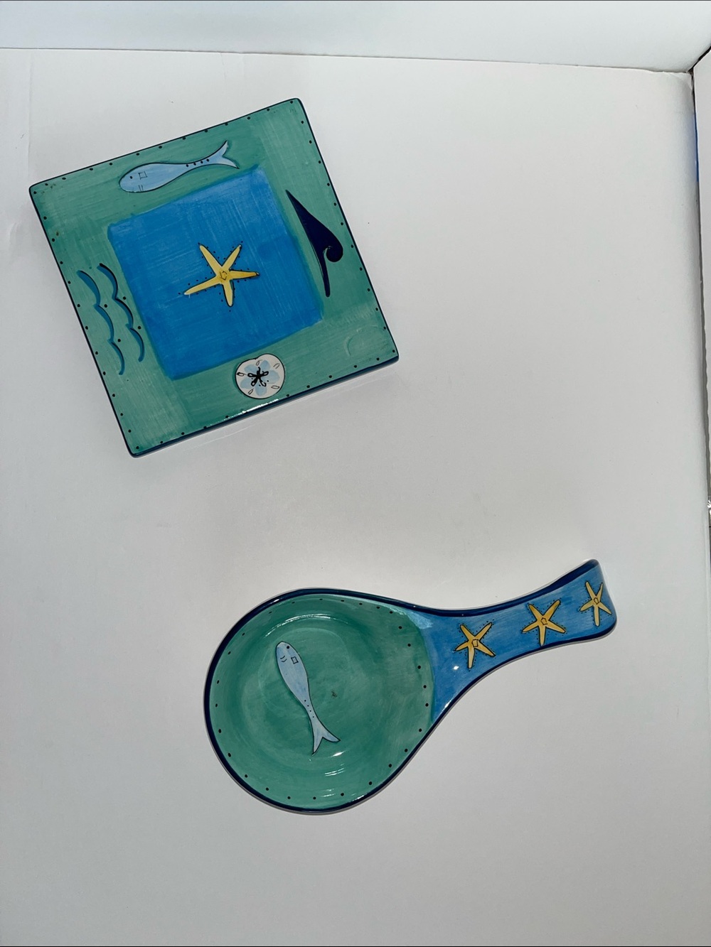 Coastal Ceramic Spoon Rest and Matching Dish — Blue & Green